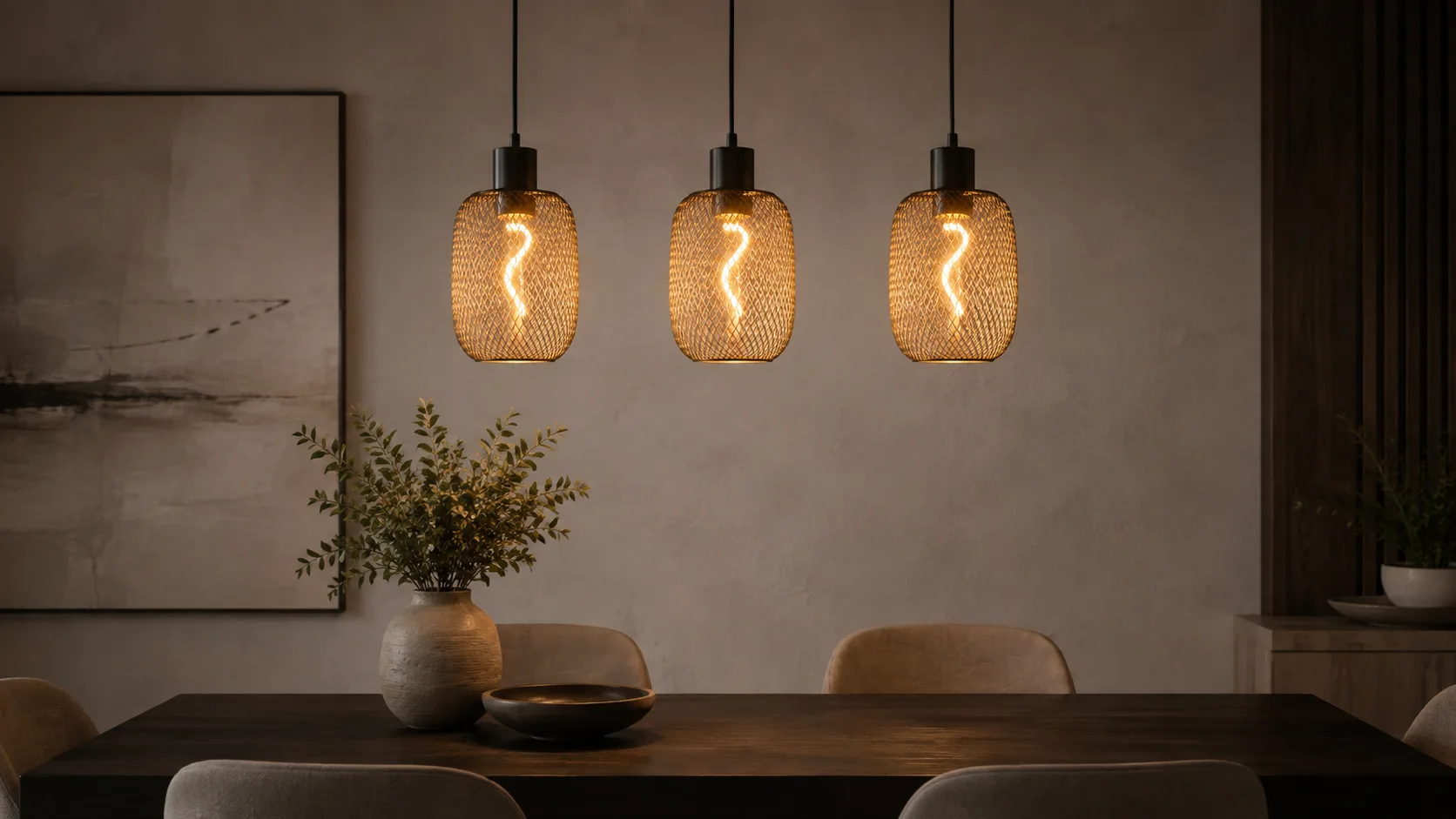 Tres colgantes decorativos con bombillas LED cálidas sobre una mesa de comedor
