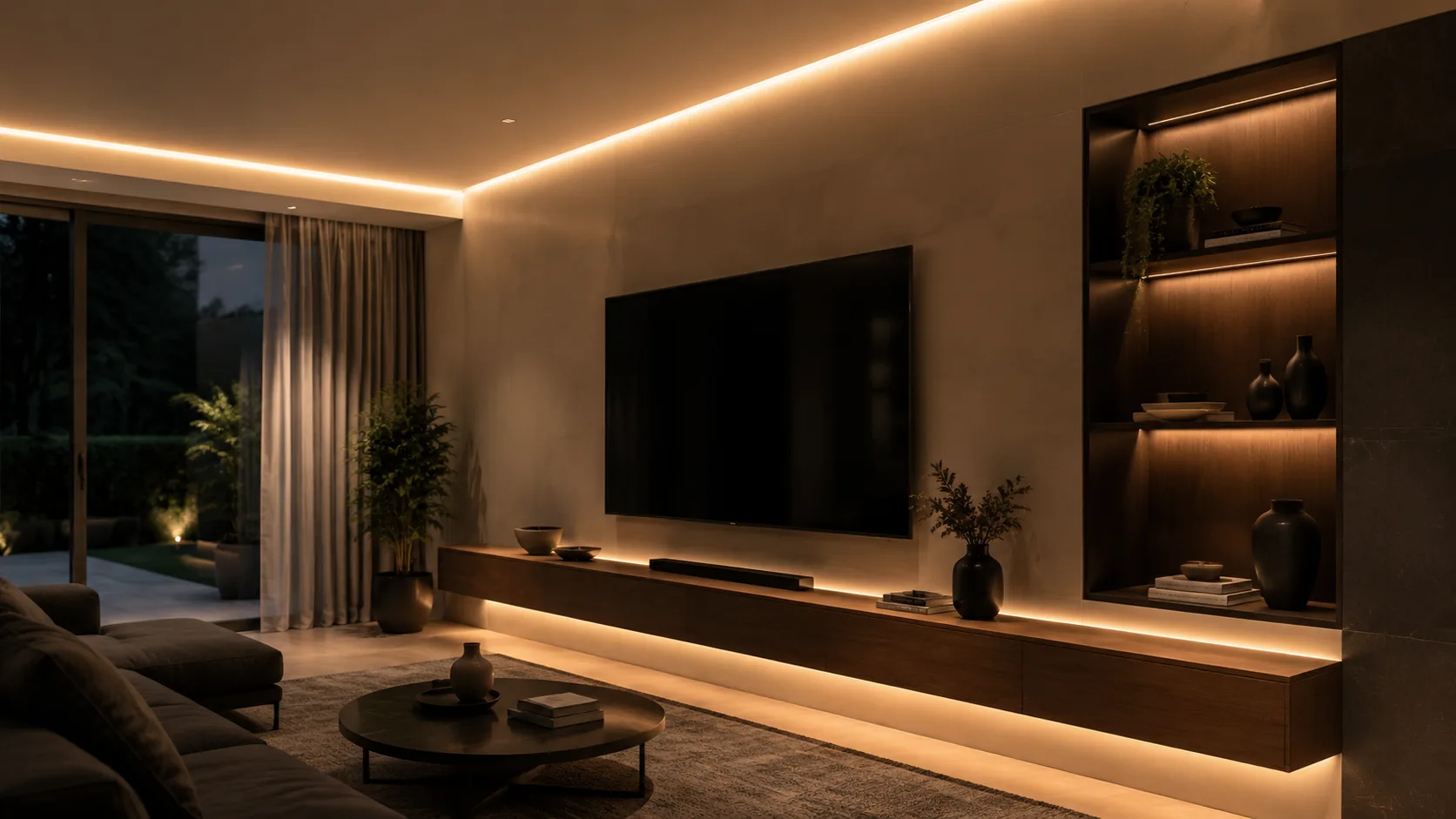 Living moderno con tiras LED cálidas en el cielorraso y bajo el mueble